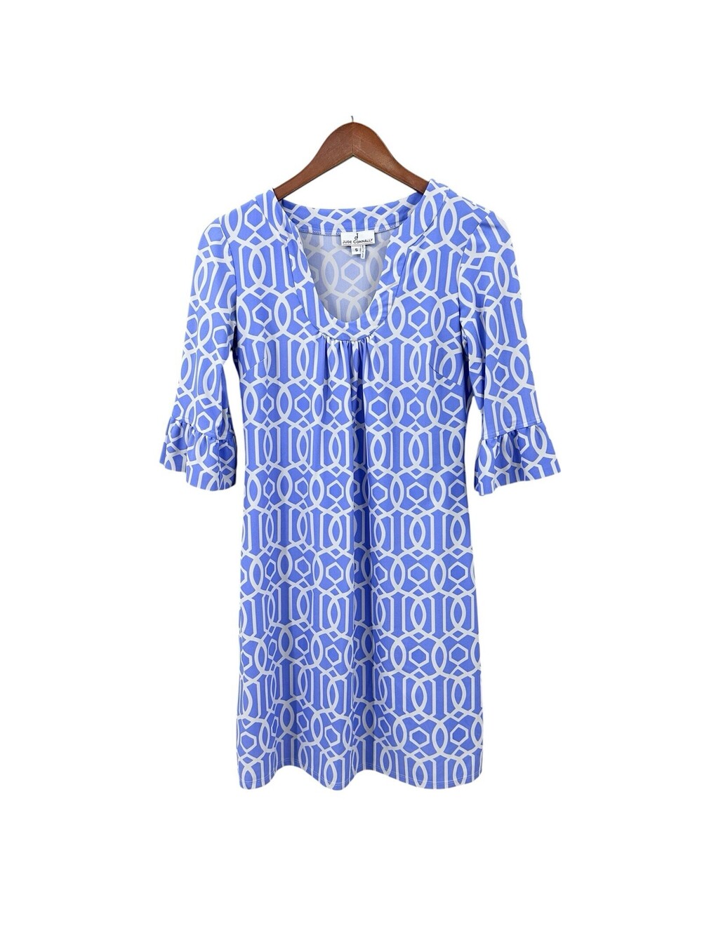 JUDE CONNALLY Dress Womens Small Blue White Geometric Lattice X880